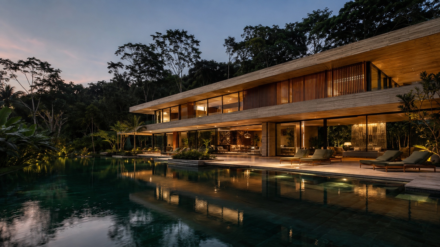Residência de alto luxo em pedra clara e madeira, com piscina e jardim junto à mata ao entardecer