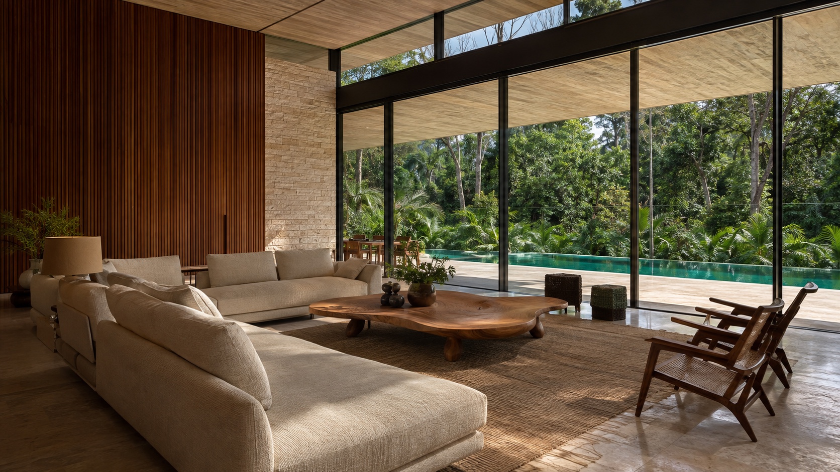 Living integrado com materiais naturais e luz do jardim